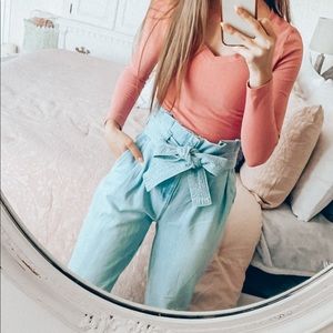 Light Blue Paperbag Waist Mom Jeans